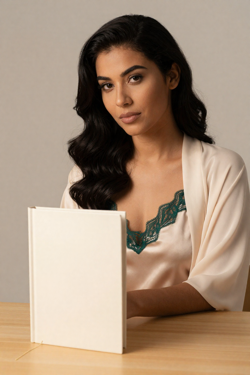 Fictional 29-year-old woman, glossy black hair in long polished waves over one shoulder, smooth warm skin,